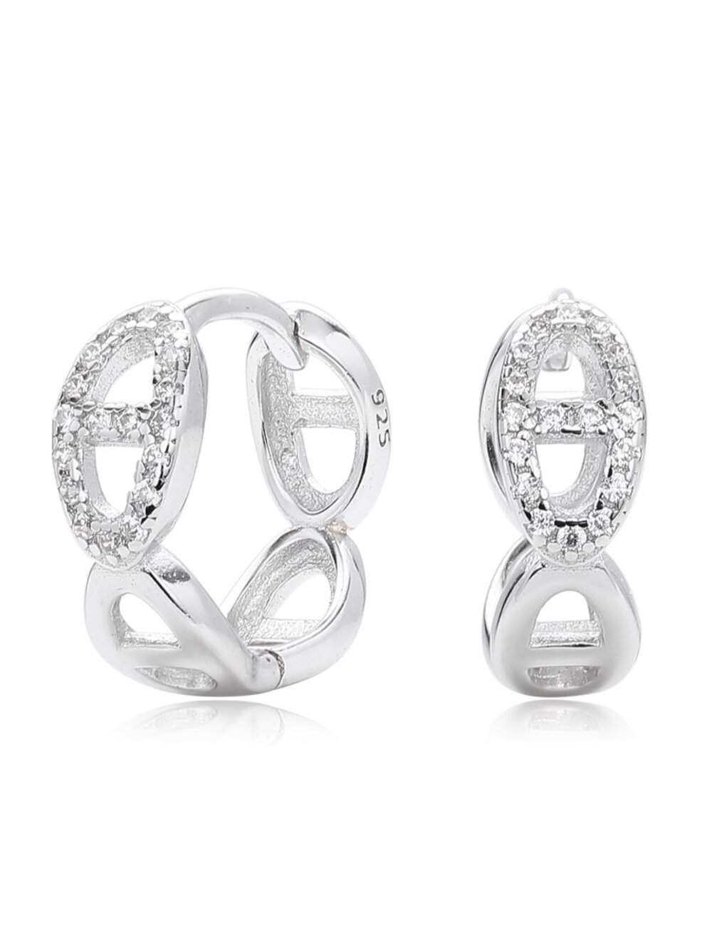 Mariner Link Huggie Style Earrings - 18k White Gold Plated Sterling Silver